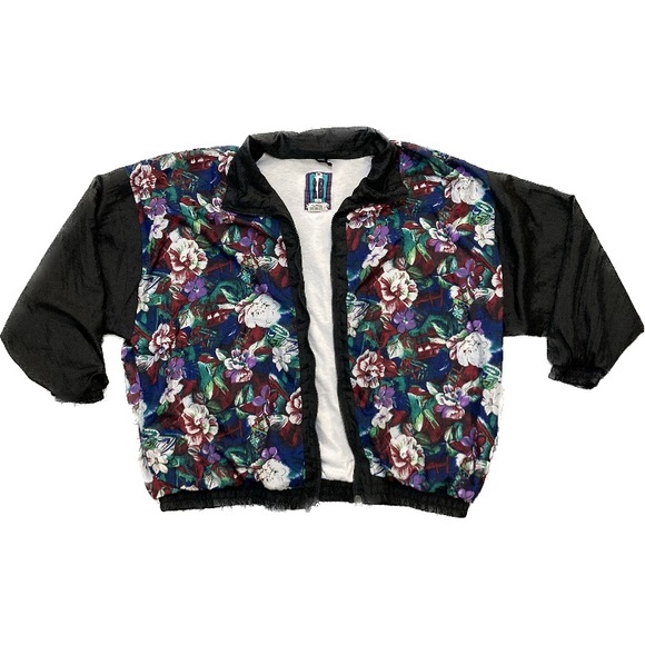 C01 2B Active 80s 90s Floral Windbreaker Bomber Jacket VTG Black Colorful Sz 1X - Picture 3 of 16